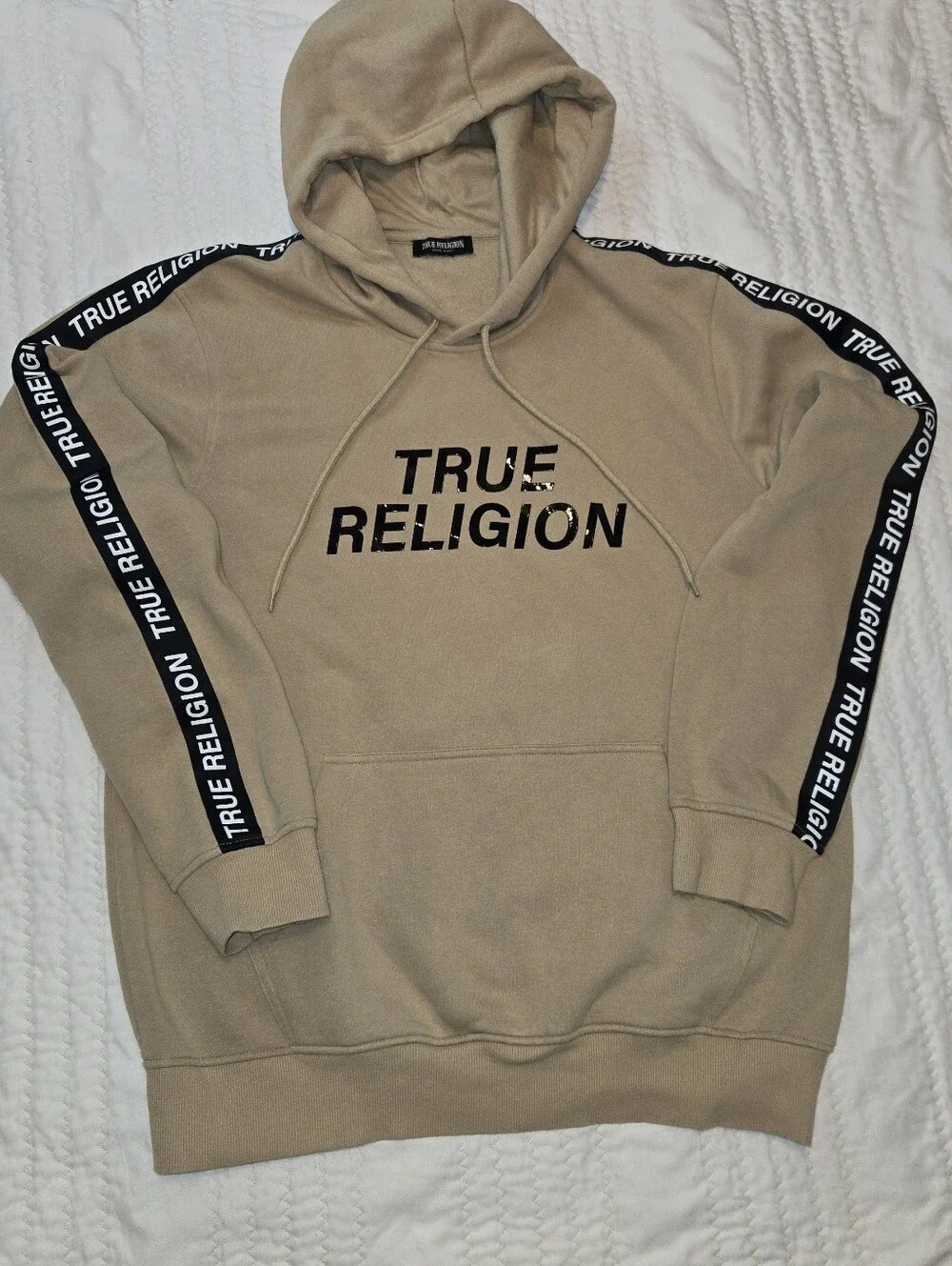 True Religion Men’s Tan Hoodie with Black Logo Tape